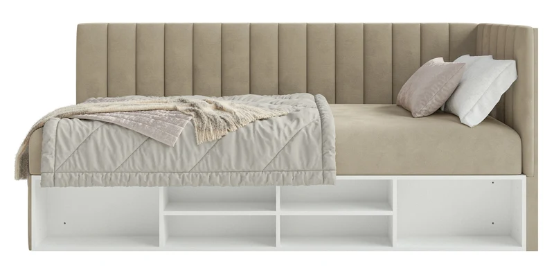 Jugendbett 90x200 cm Ventrio rechtsseitig mit Stauraum und Regalen, hellgraubeiger Velours, wasserabweisend und leicht zu reinigen