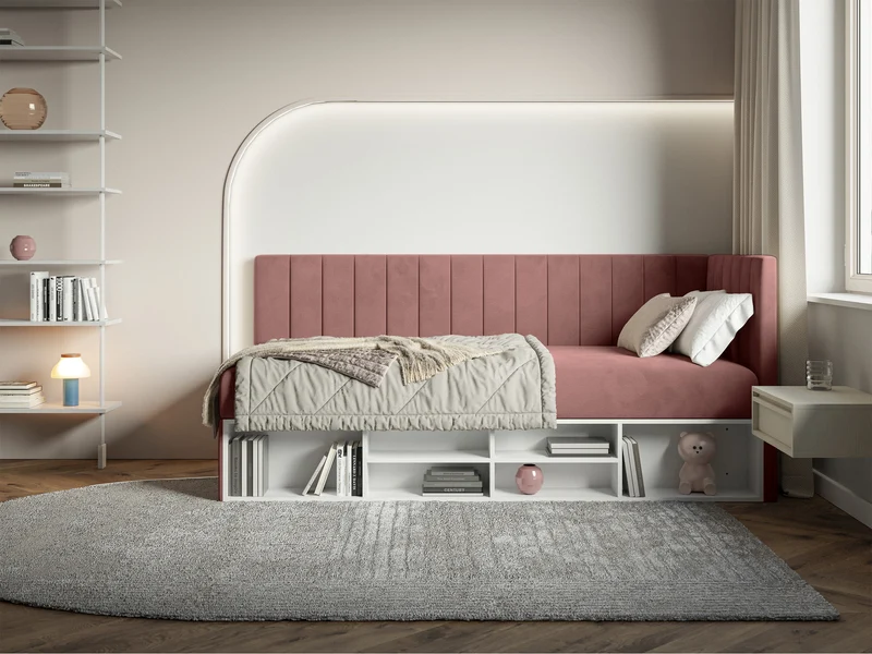Jugendbett 90x200 cm Ventrio rechtsseitig mit Stauraum und Regalen, rosa Velours, wasserabweisend und pflegeleicht