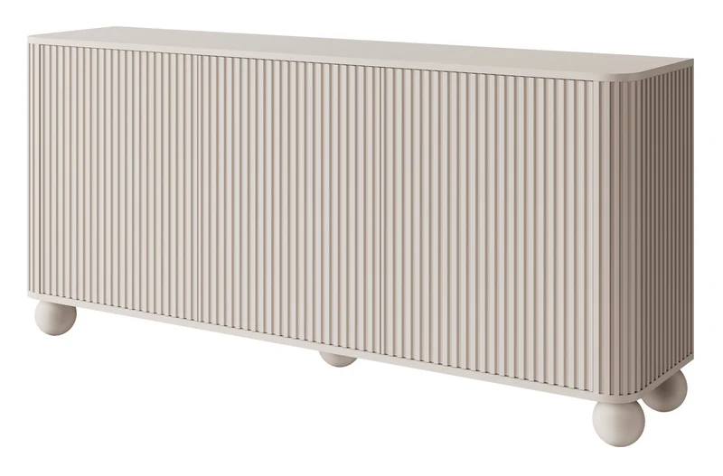 Kommode Arvello mit Fräsungen, dreitürig, 163 cm, auf kugelförmigen Beinen, Sandbeige