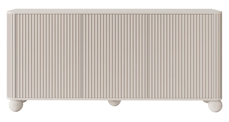 Kommode Arvello mit Fräsungen, dreitürig, 163 cm, auf kugelförmigen Beinen, Sandbeige