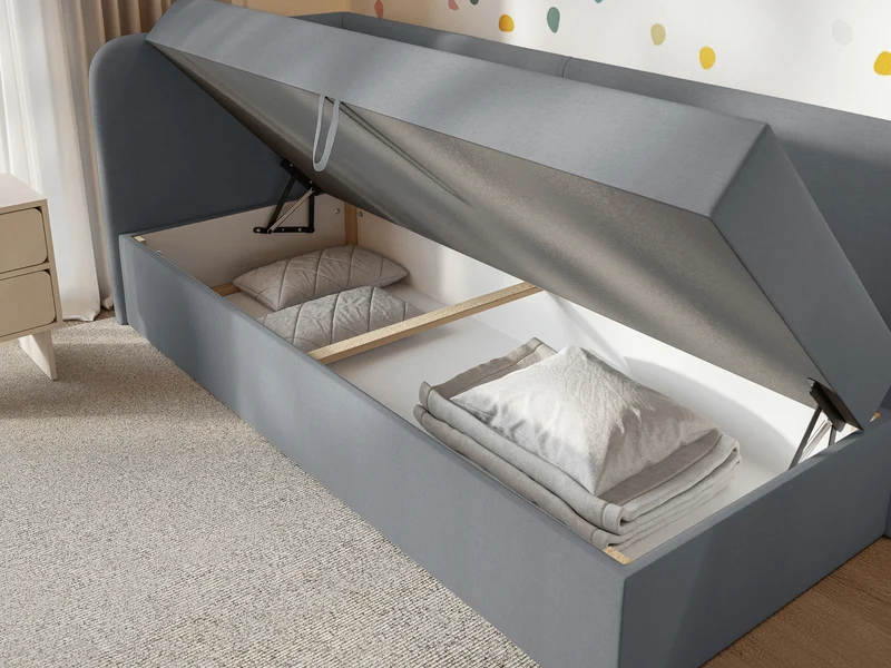 Jugendbett 90x200 cm Calmmo linksseitig mit Stauraum, dunkelgrauer hydrophober Chenillestoff