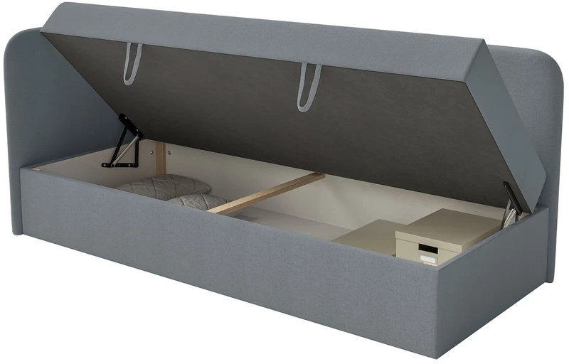 Jugendbett 90x200 cm Calmmo linksseitig mit Stauraum, dunkelgrauer hydrophober Chenillestoff