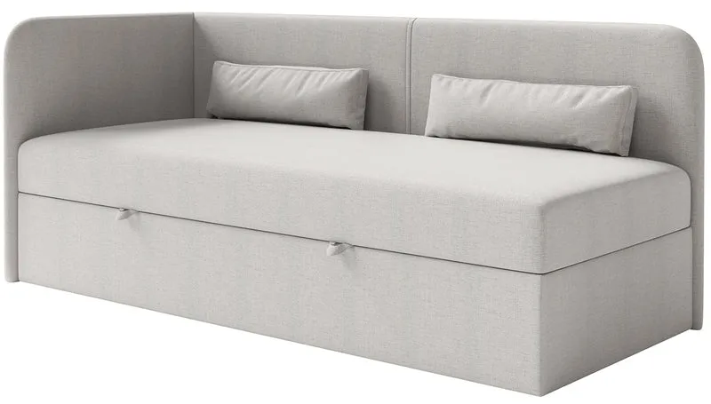 Jugendbett 90x200 cm Calmmo linksseitig mit Stauraum hellgrauer hydrophober Chenille-Stoff