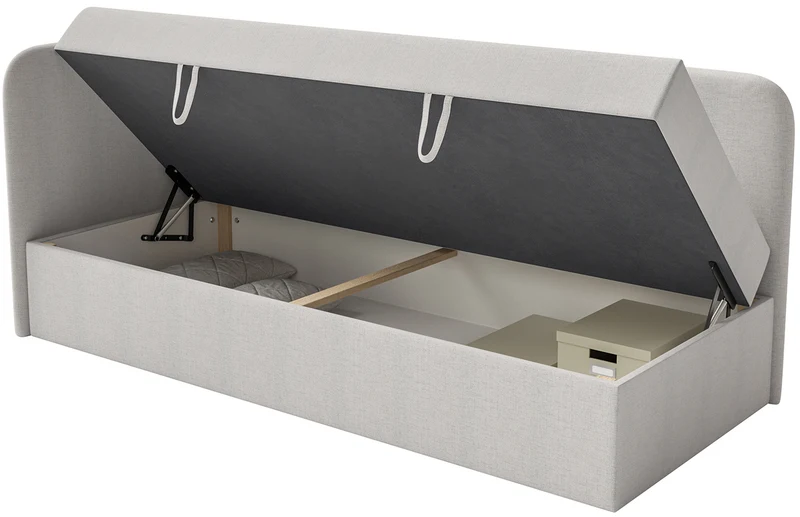 Jugendbett 90x200 cm Calmmo linksseitig mit Stauraum hellgrauer hydrophober Chenille-Stoff