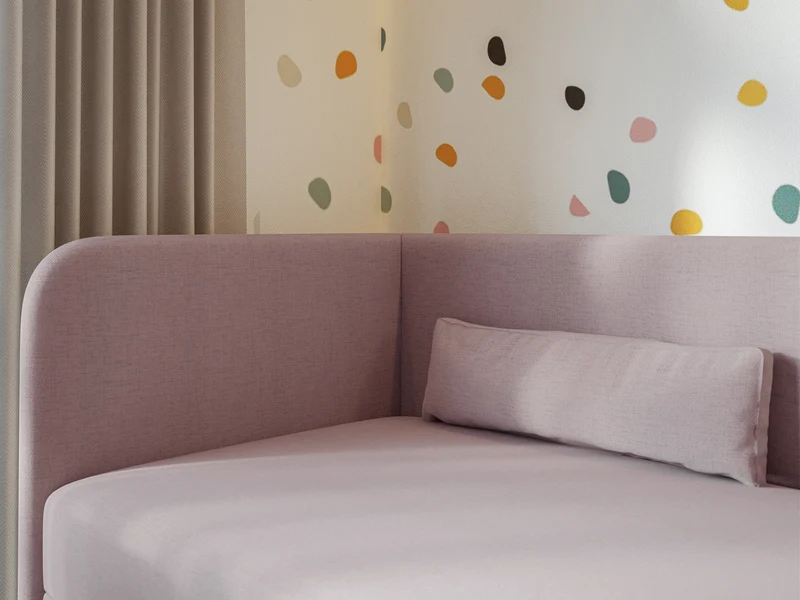 Jugendbett 90x200 cm Calmmo linksseitig mit Stauraum, rosa hydrophobes Chenille