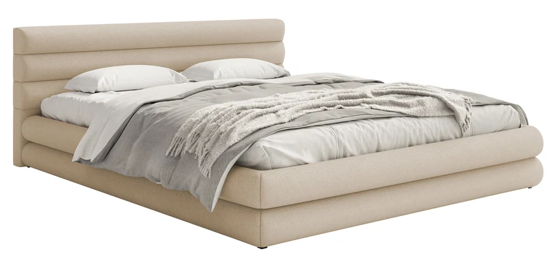 Polsterbett 160x200 cm Alegre mit Bettkasten, hellbeiger Chenille-Stoff, Metallrahmen