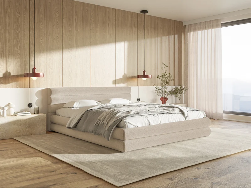 Polsterbett 160x200 cm Alegre mit Bettkasten, hellbeiger Chenille-Stoff, Metallrahmen
