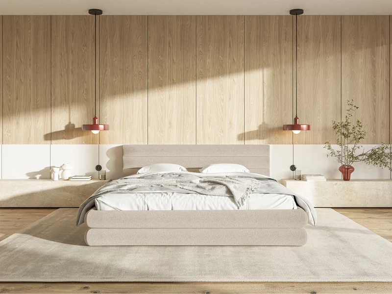 Polsterbett 160x200 cm Alegre mit Bettkasten, hellbeiger Chenille-Stoff, Metallrahmen
