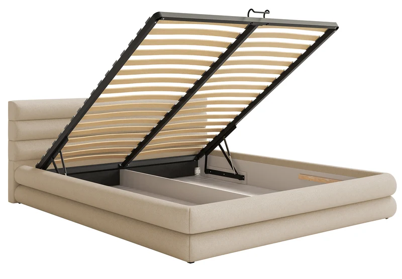 Polsterbett 160x200 cm Alegre mit Bettkasten, hellbeiger Chenille-Stoff, Metallrahmen