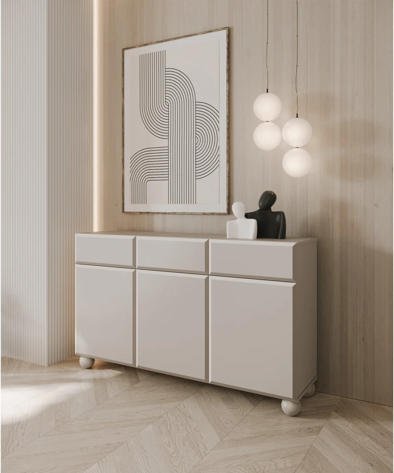 Kommode Chocolated, dreitürig mit drei Schubladen, 150 cm, auf kugelförmigen Beinen, sandbeige