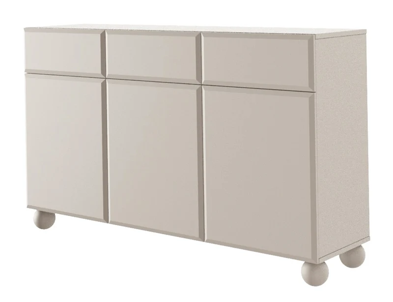 Kommode Chocolated, dreitürig mit drei Schubladen, 150 cm, auf kugelförmigen Beinen, sandbeige