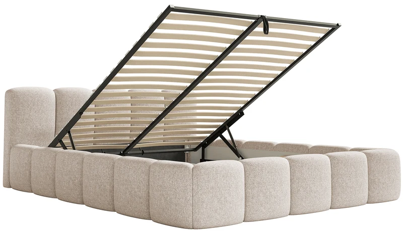 Gepolstertes Bett 200x200 cm Cloudy Low mit Stauraum, hellbeiger hydrophober Chenille-Bezug, Metallrahmen