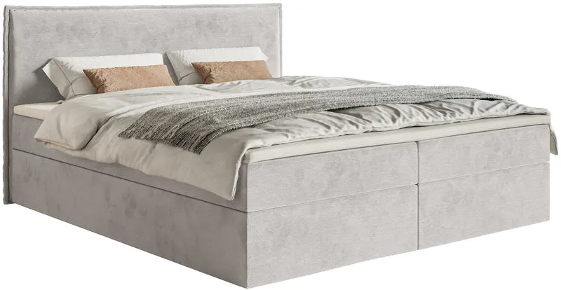 Kontinentales Bett 140x200 cm Softie mit Stauraum und Topper, hellgrauer Velours, wasserabweisend