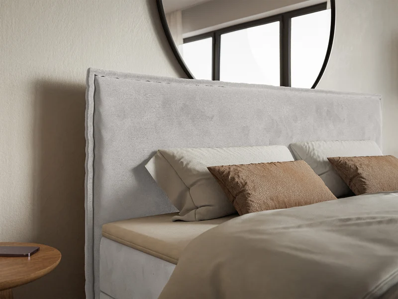 Kontinentales Bett 140x200 cm Softie mit Stauraum und Topper, hellgrauer Velours, wasserabweisend