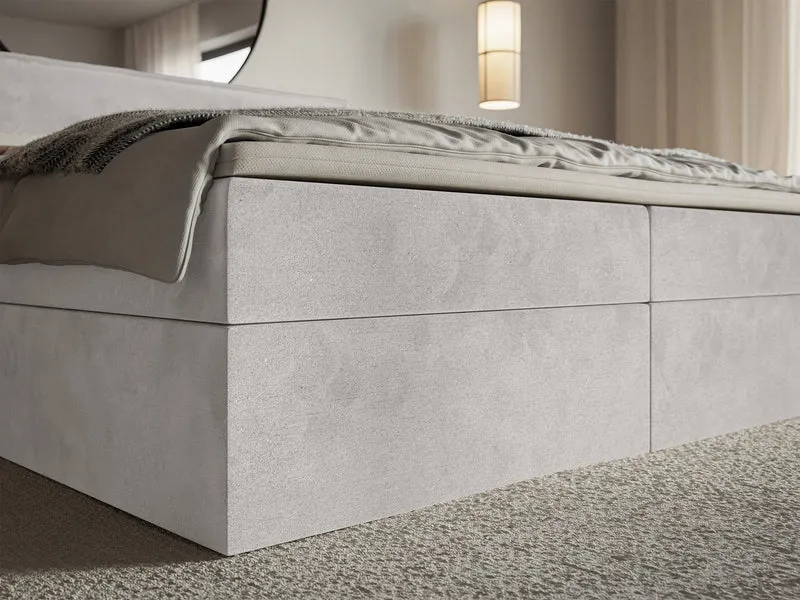Kontinentales Bett 140x200 cm Softie mit Stauraum und Topper, hellgrauer Velours, wasserabweisend
