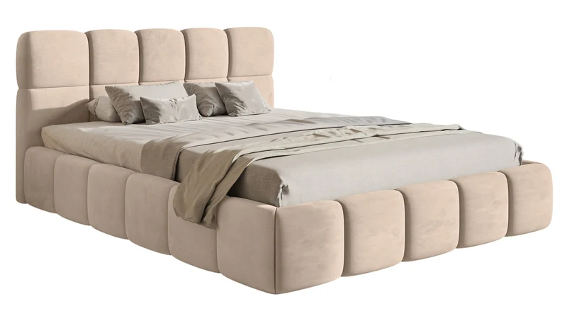 Polsterbett 180x200 cm Cloudy mit Bettkasten, beige, wasserabweisender, pflegeleichter Samt, Metallrahmen