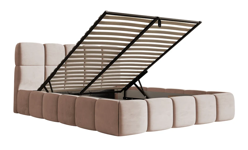 Polsterbett 180x200 cm Cloudy mit Bettkasten, beige, wasserabweisender, pflegeleichter Samt, Metallrahmen