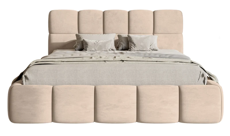 Polsterbett 180x200 cm Cloudy mit Bettkasten, beige, wasserabweisender, pflegeleichter Samt, Metallrahmen