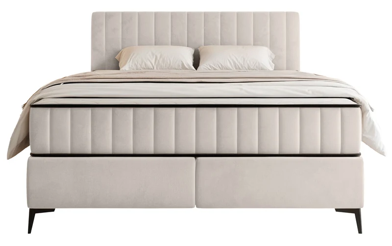 Kontinentales Bett 180x200 cm Mufasso mit Stauraum, hellbeiger Veloursstoff, wasserabweisend
