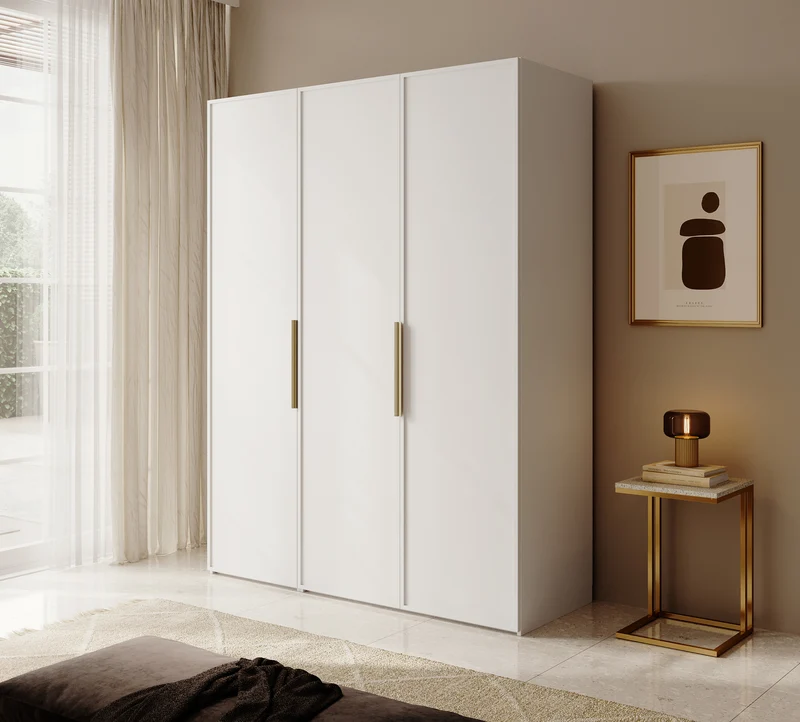 Drehtürenschrank Frame mit langer Kleiderstange und sieben Regalböden, 150 cm, Weiß