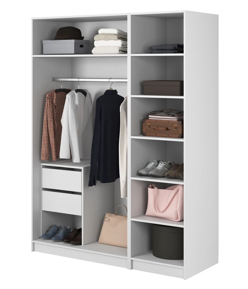 Drehtürenschrank Moonir mit langer Kleiderstange, sieben Regalen und Container, 150 cm, Weiß