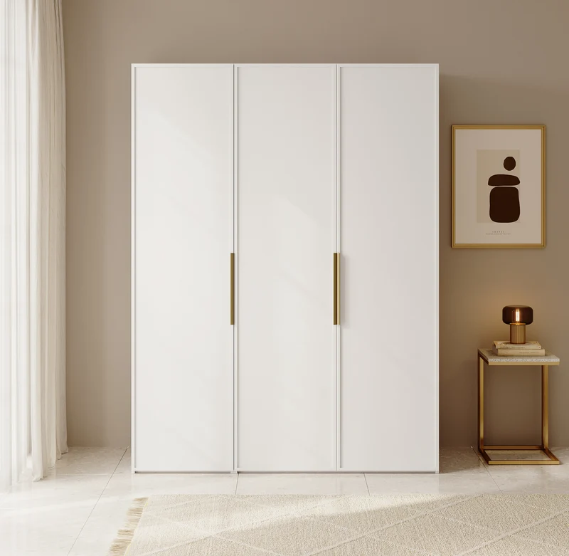 Drehtürenschrank Frame mit langer Kleiderstange und sieben Regalböden, 150 cm, Weiß