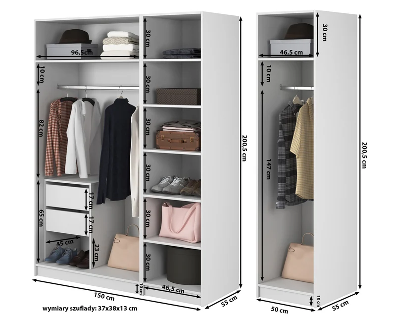 Vier­türiger Schrank Frame mit zwei Kleiderstangen, Regalen und Container, 200 cm, Schwarz