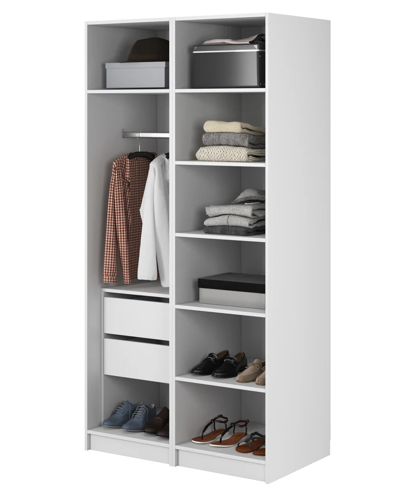 Zweiflügeliger Kleiderschrank Frame mit Kleiderstange, Regalen und Container 100 cm Weiß