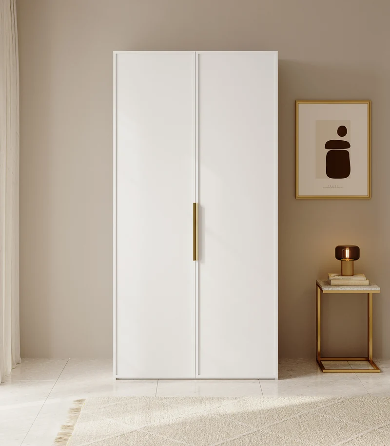 Zweiflügeliger Kleiderschrank Frame mit Kleiderstange, Regalen und Container 100 cm Weiß