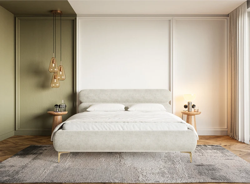 Polsterbett 160x200 cm Roule mit Stauraum, Metallrahmen, hellbeige Chenille, goldene Beine