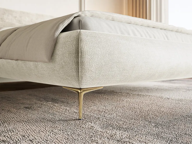 Polsterbett 160x200 cm Roule mit Stauraum, Metallrahmen, hellbeige Chenille, goldene Beine