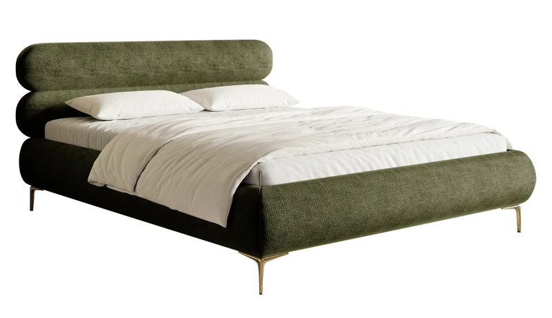 Polsterbett 140x200 cm Roule, olivgrüner Chenille-Stoff, goldene Beine