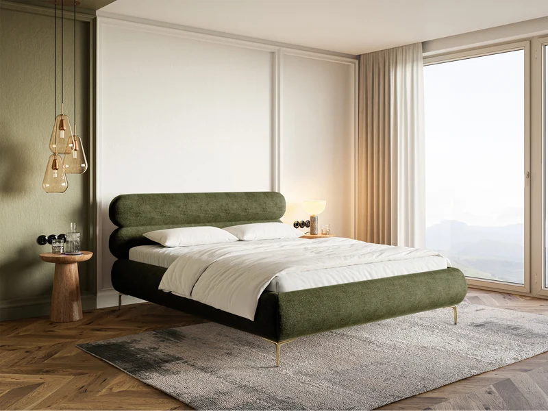 Polsterbett 140x200 cm Roule, olivgrüner Chenille-Stoff, goldene Beine