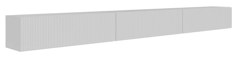 Hängender dreitüriger Veldio TV-Schrank mit geriffelter Front, 300 cm, weiß