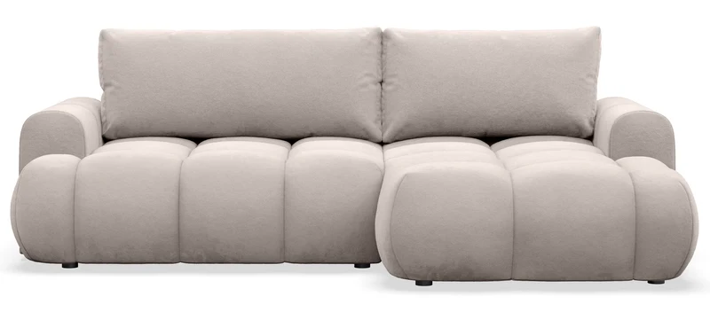 Ecksofa mit Schlaffunktion Ombo Mini, L-förmig, rechtsseitig, mit Stauraum, hellbeige-grauer, hydrophober Samtstoff