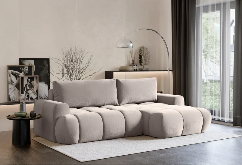 Ecksofa mit Schlaffunktion Ombo Mini, L-förmig, rechtsseitig, mit Stauraum, hellbeige-grauer, hydrophober Samtstoff