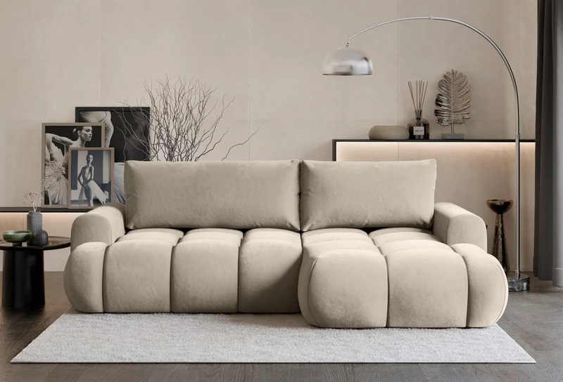 Ecksofa mit Schlaffunktion Ombo Mini, L-förmig, rechtsseitig, mit Stauraum, beige, hydrophober Samt