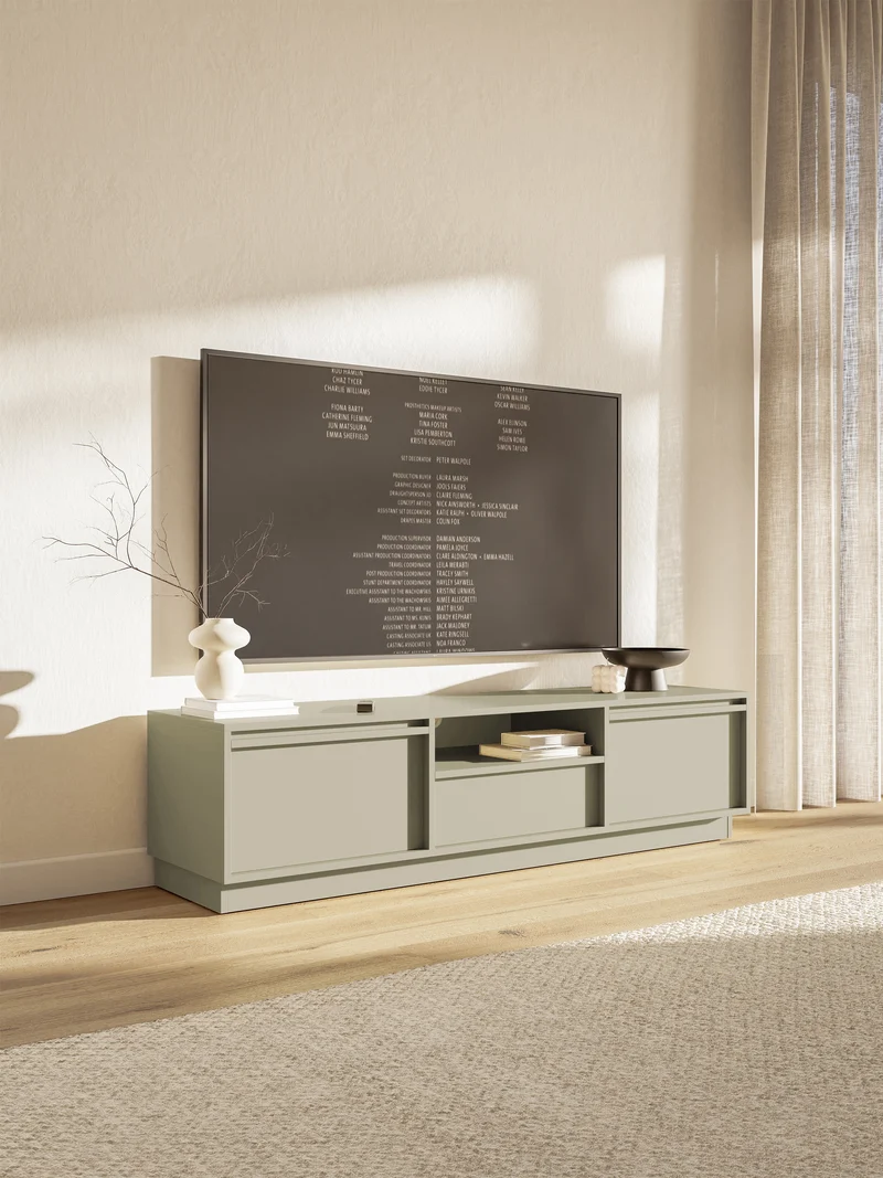 Zweitrüriger TV-Schrank Evo mit Schublade, 154 cm, Kaschmir auf Sockel
