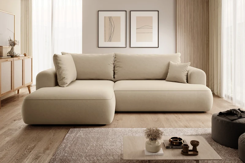 Ecksofa mit Schlaffunktion Ovo, L-förmig, mit Armlehne und Stauraum, beiger, pflegeleichter Samt, linksseitig