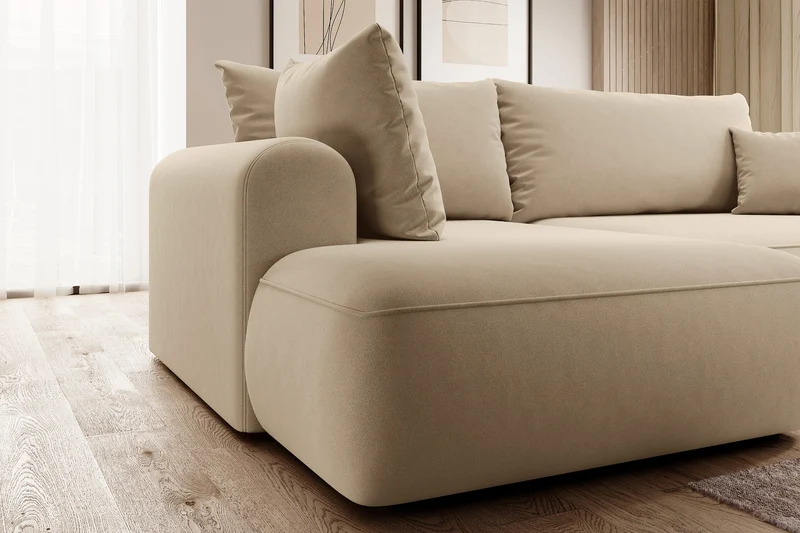 Ecksofa mit Schlaffunktion Ovo, L-förmig, mit Armlehne und Stauraum, beiger, pflegeleichter Samt, linksseitig