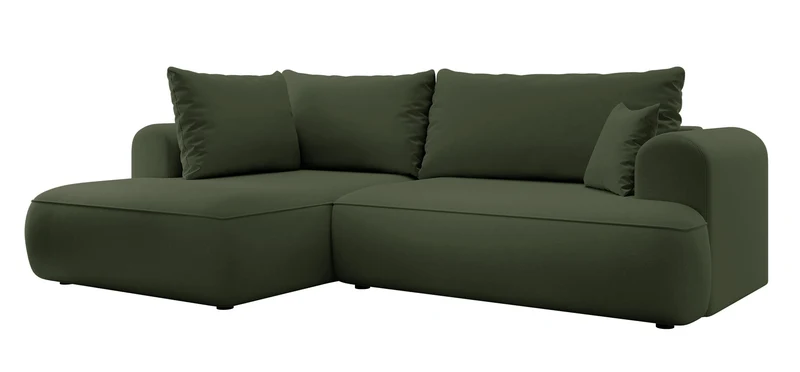 Ecksofa mit Schlaffunktion Ovo, L-förmig, mit Armlehne und Stauraum, olivgrüner, pflegeleichter Samt, linksseitig