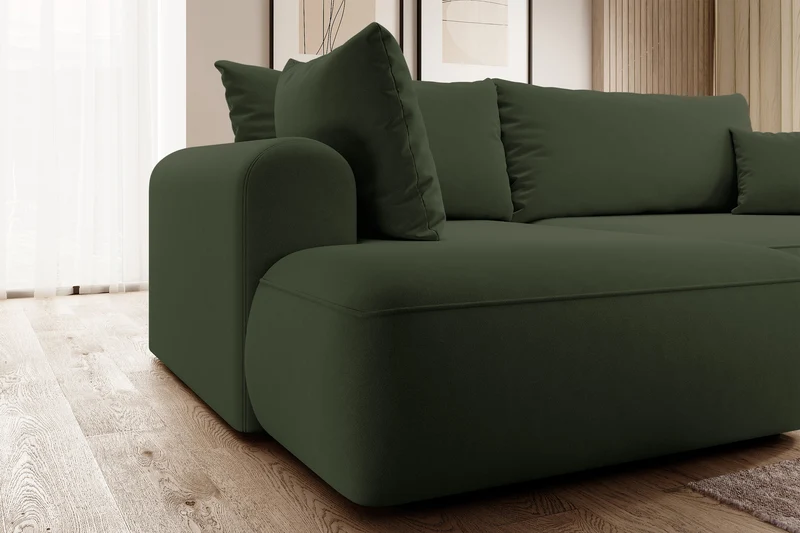 Ecksofa mit Schlaffunktion Ovo, L-förmig, mit Armlehne und Stauraum, olivgrüner, pflegeleichter Samt, linksseitig