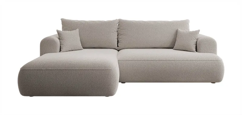 Ecksofa mit Schlafunktion Ovo L-förmig, dunkelbeige mit Stauraum, Bouclé, linksseitig