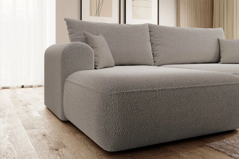 Ecksofa mit Schlafunktion Ovo L-förmig, dunkelbeige mit Stauraum, Bouclé, linksseitig