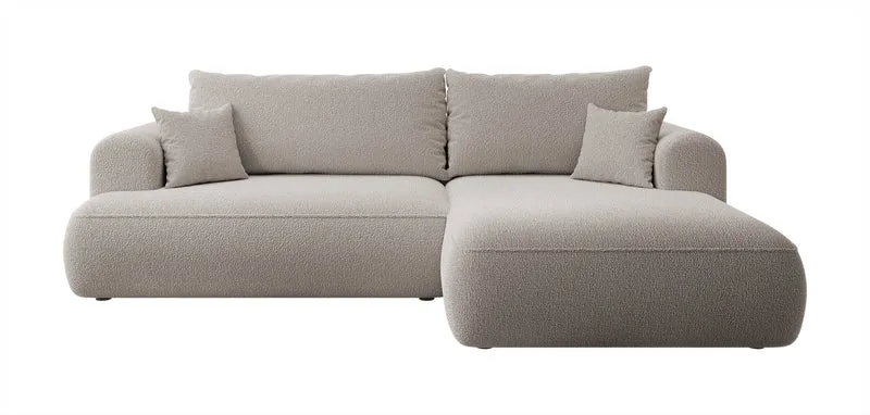 Ecksofa mit Schlaffunktion Ovo, L-förmig, dunkelbeige mit Stauraum, Bouclé, rechtsseitig