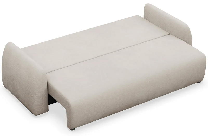 Dreisitziges ausklappbares Sofa Nubelle mit Stauraum, hellbeiger hydrophober Chenillestoff