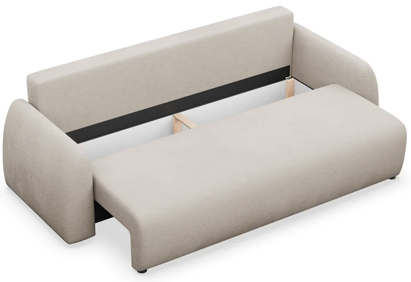 Dreisitziges ausklappbares Sofa Nubelle mit Stauraum, hellbeiger hydrophober Chenillestoff