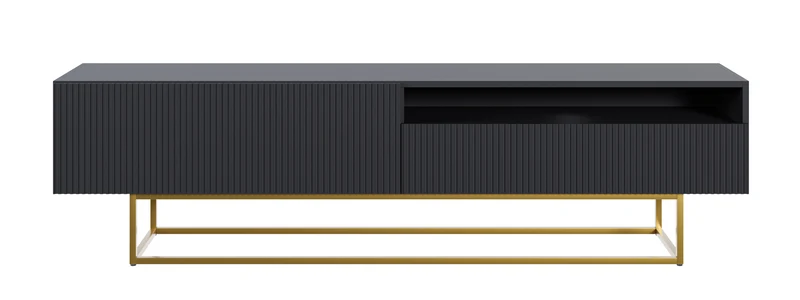 TV-Schrank Veldio mit gefräster Front und Nische, 175 cm, Schwarz mit goldenen Beinen