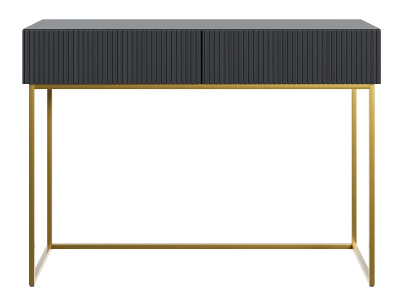 Toilettentisch Veldio mit gefräster Front und zwei Schubladen, 110 cm, Schwarz mit goldenen Beinen