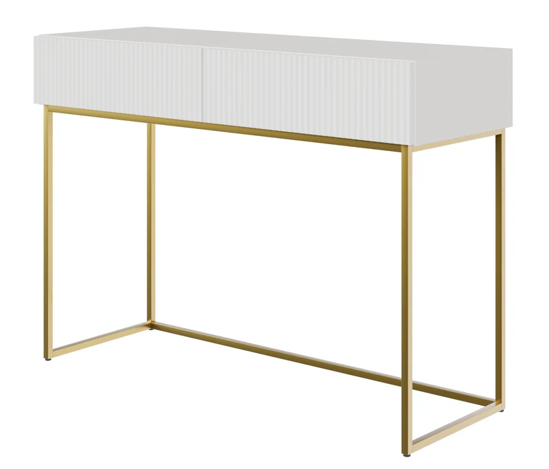 Schminktisch Veldio mit gefräster Front und zwei Schubladen, 110 cm, grau-beige mit goldenen Beinen